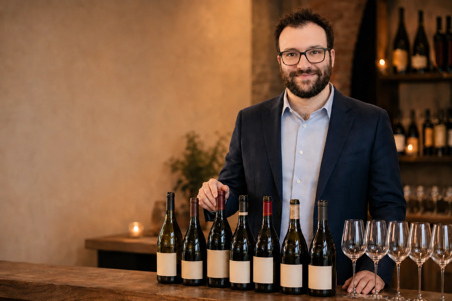 Zach Glassman, Certified Sommelier, standing behind a curated wine lineup ready for service