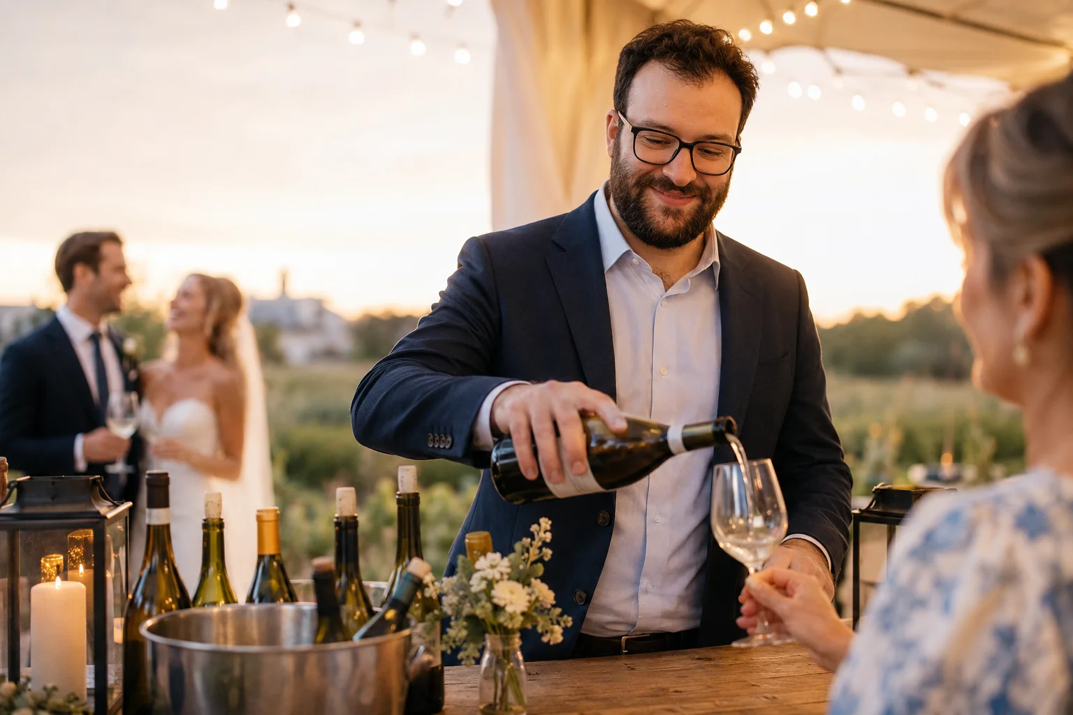 Zach Glassman pouring wine for a guest at a wedding reception at sunset